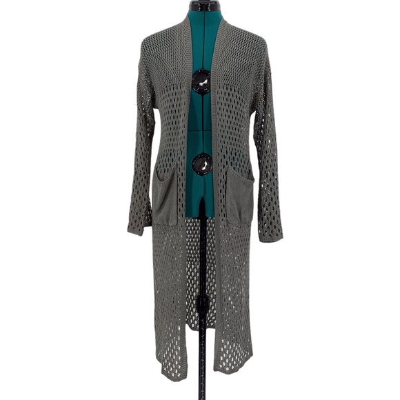 Minkas Taupe Mesh Knit Open Front Long Cardigan with Pockets, Small - Picture 1 of 16